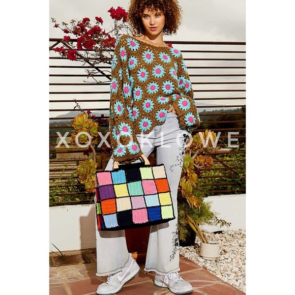 LAST ONE POL Olive + Blue Hand Knit Floral Crochet V Neck Sweater - Picture 7 of 15